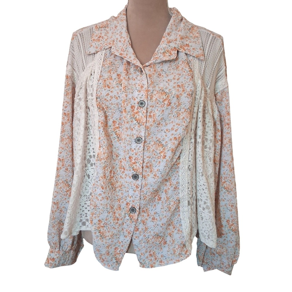 POL Womens Floral Lace Panel Button Down Blouse Orange Cream Large